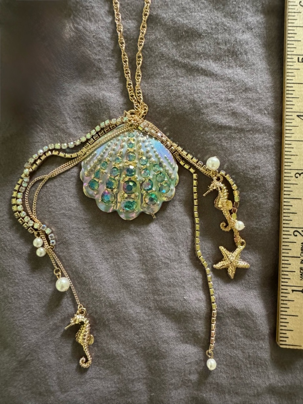 NEW Betsey Johnson Mermaid Clam Shell Pendant Long Necklace with Ocean Charms